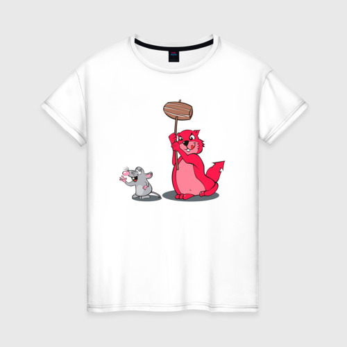 Женская футболка из хлопка с принтом Мышка и кот дерутся, вид спереди №1