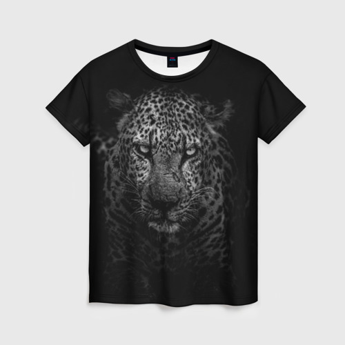 Женская футболка с принтом Чёрно-белый леопард, вид спереди №1