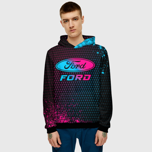 Мужская толстовка 3D с принтом Ford - neon gradient, фото на моделе #1