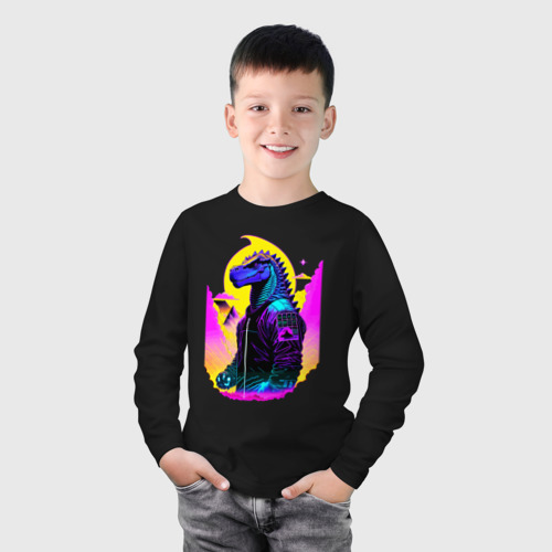 Детский лонгслив хлопок Cool dinosaur - Cyberpunk - neural network, цвет черный - фото 3