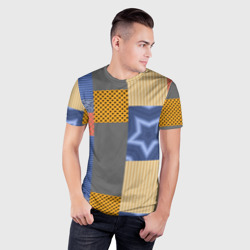 Мужская футболка 3D Slim Желто синий деревенский узор из лоскутов ткани - фото 2