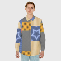 Мужская рубашка oversize 3D Желто синий деревенский узор из лоскутов ткани - фото 2