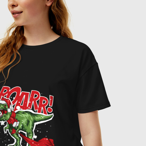 Женская футболка хлопок Oversize с принтом Santa t rex gifts, фото на моделе #1