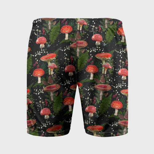 Мужские шорты спортивные с принтом Мухоморы и лесные ягоды на черном фоне, вид сзади #1