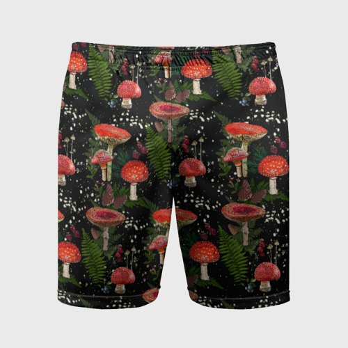 Мужские шорты спортивные с принтом Мухоморы и лесные ягоды на черном фоне, вид спереди #2