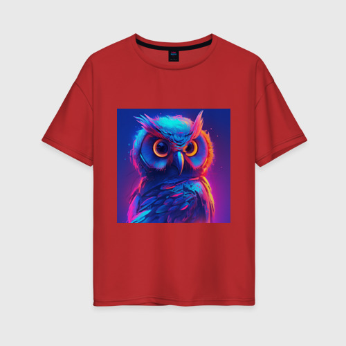 Женская футболка хлопок Oversize с принтом Яркая неоновая сова, вид спереди #2