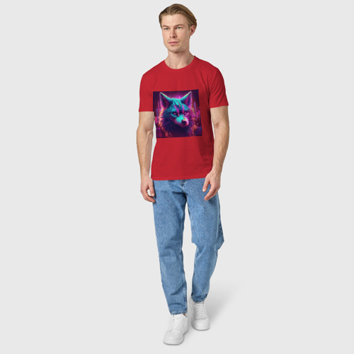 Мужская футболка хлопок Кибер-волк в неоновом свете, цвет красный - фото 5