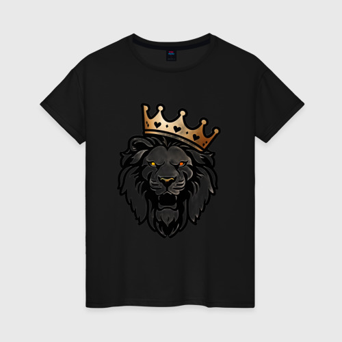 Женская футболка хлопок с принтом Грозный лев в короне, вид спереди #2