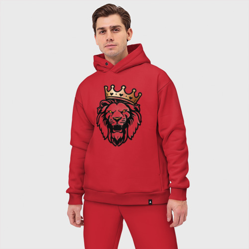 Мужской костюм oversize хлопок с принтом Грозный лев в короне, фото на моделе #1
