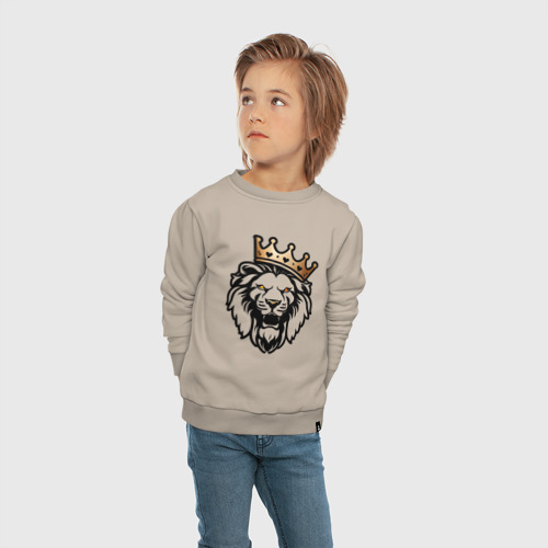 Детский свитшот хлопок с принтом Грозный лев в короне, вид сбоку #3