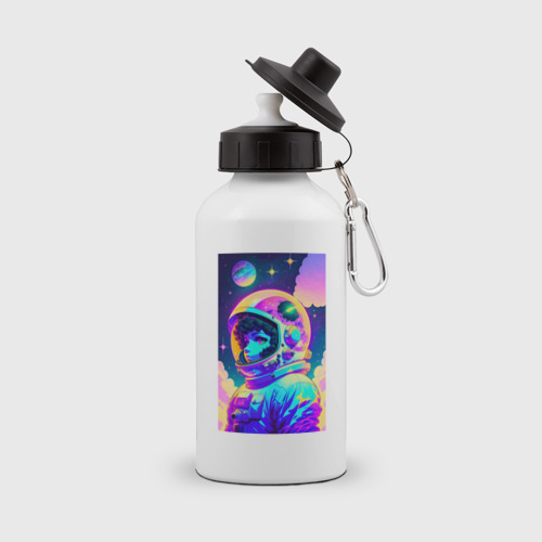 Бутылка спортивная с принтом Девчонка бравый космонавт - нейросеть, вид спереди №1
