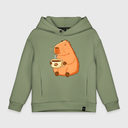 Детское худи Oversize хлопок с принтом Капибара с кружкой горячего кофе Детское худи Oversize хлопок Капибара с кружкой горячего кофе