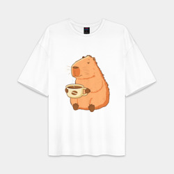 Мужская футболка Oversize хлопок premium Капибара с кружкой горячего кофе