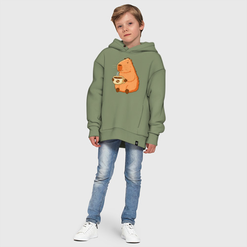 Детское худи Oversize хлопок с принтом Капибара с кружкой горячего кофе - картинка 11 Детское худи Oversize хлопок Капибара с кружкой горячего кофе - фото 11