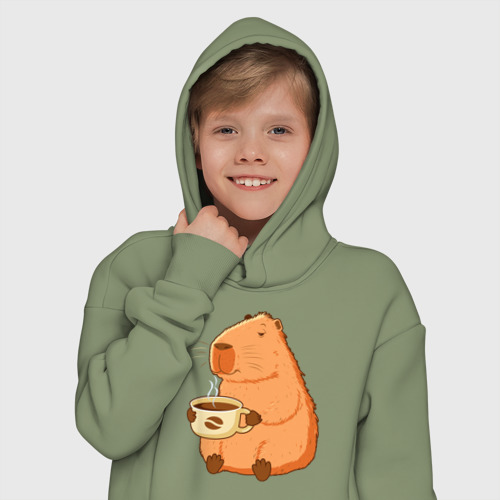 Детское худи Oversize хлопок с принтом Капибара с кружкой горячего кофе - картинка 12 Детское худи Oversize хлопок Капибара с кружкой горячего кофе - фото 12