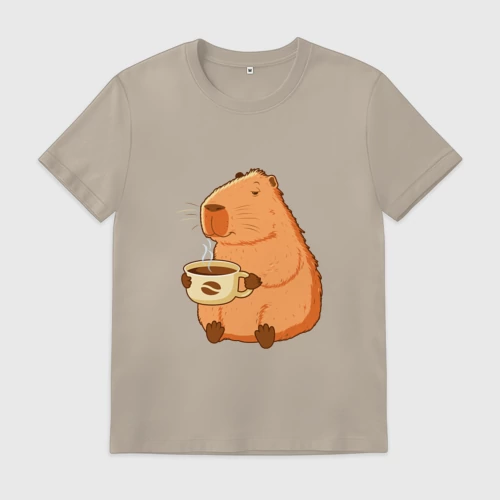 Мужская футболка хлопок с принтом Капибара с кружкой горячего кофе, вид спереди #2
