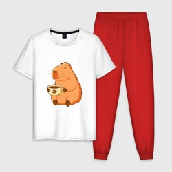 Мужская пижама с белой футболкой хлопок Капибара с кружкой горячего кофе
