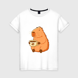 Капибара с кружкой горячего кофе – Женская футболка хлопок с принтом купить со скидкой в -20%