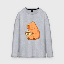 Женский лонгслив oversize хлопок Капибара с кружкой горячего кофе