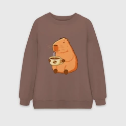 Женский свитшот oversize без начеса хлопок Капибара с кружкой горячего кофе