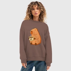 Женский свитшот oversize без начеса хлопок Капибара с кружкой горячего кофе - фото 2