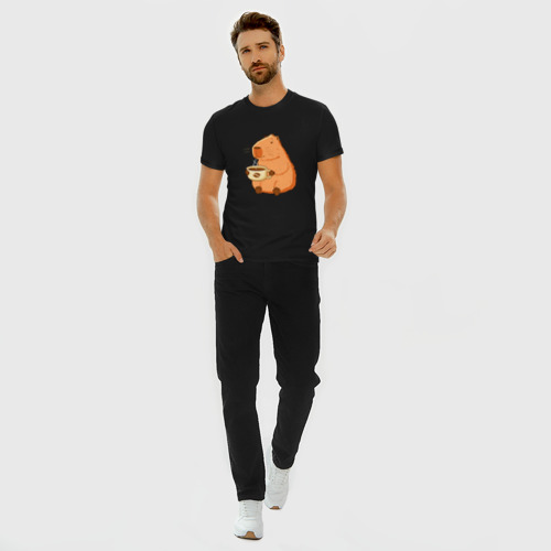 Мужская футболка хлопок Slim Капибара с кружкой горячего кофе, цвет черный - фото 5