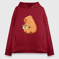 Женское худи Oversize хлопок Капибара с кружкой горячего кофе