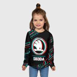 Детский лонгслив 3D Значок Skoda в стиле glitch на темном фоне - фото 2