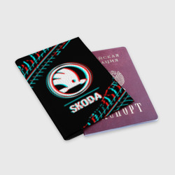 Обложка для паспорта матовая кожа Значок Skoda в стиле glitch на темном фоне - фото 2