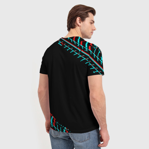 Мужская футболка 3D с принтом Значок Skoda в стиле glitch на темном фоне, вид сзади #2