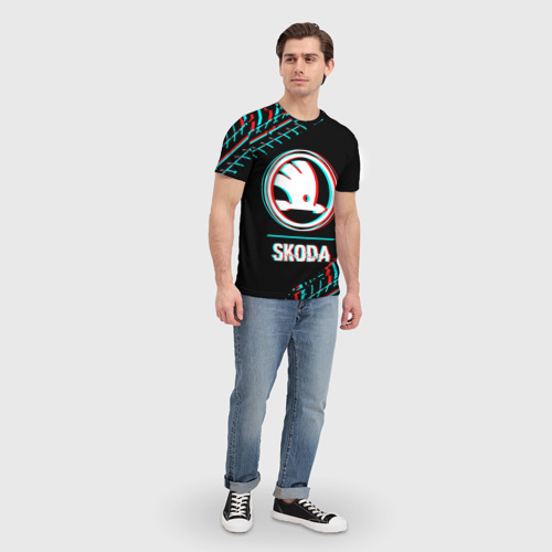 Мужская футболка 3D с принтом Значок Skoda в стиле glitch на темном фоне, вид сбоку #3