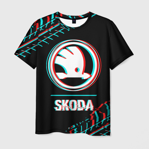 Мужская футболка 3D с принтом Значок Skoda в стиле glitch на темном фоне, вид спереди #2