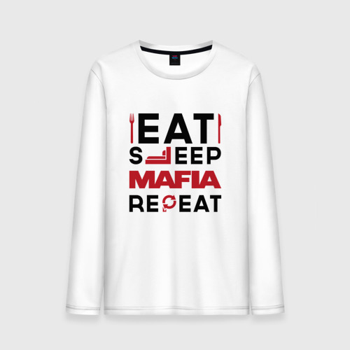 Мужской лонгслив хлопок Надпись: eat sleep Mafia repeat, цвет белый