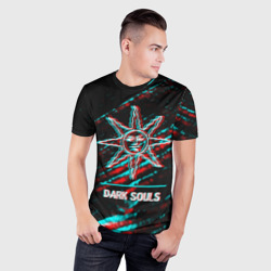 Мужская футболка 3D Slim Dark Souls в стиле glitch и баги графики на темном фоне - фото 2