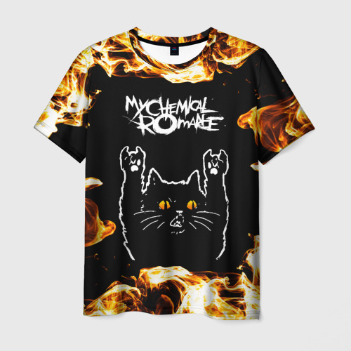 Мужская футболка с принтом My Chemical Romance рок кот и огонь, вид спереди №1