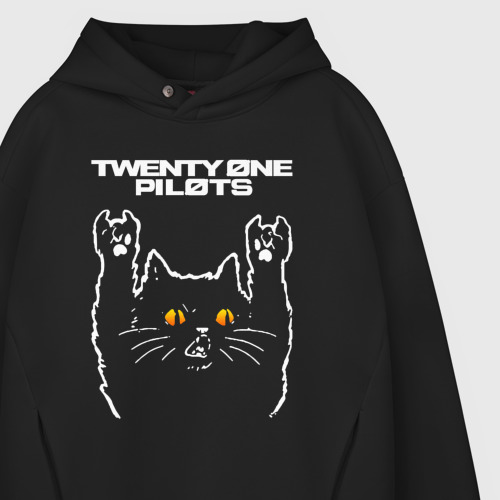 Мужское худи Oversize хлопок Twenty One Pilots rock cat, цвет черный - фото 4