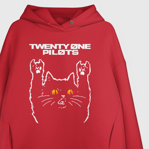 Женское худи Oversize хлопок с принтом Twenty One Pilots rock cat, фото на моделе #1