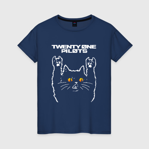 Женская футболка из хлопка с принтом Twenty One Pilots rock cat, вид спереди №1