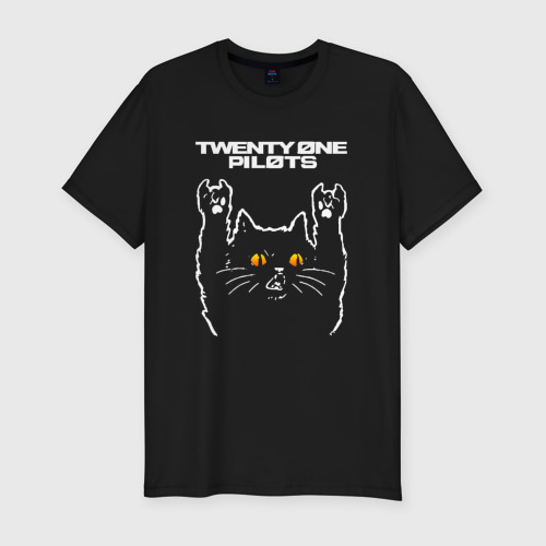 Мужская футболка хлопок Slim Twenty One Pilots rock cat, цвет черный