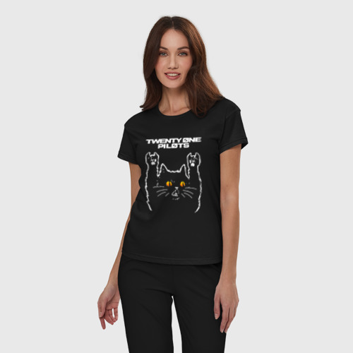 Женская пижама хлопок Twenty One Pilots rock cat, цвет черный - фото 3
