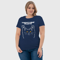 Футболка с принтом Twenty One Pilots rock cat для женщины, вид на модели спереди №4. Цвет основы: темно-синий