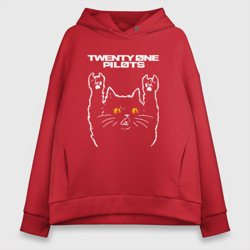 Женское худи Oversize хлопок с принтом Twenty One Pilots rock cat, вид спереди #2
