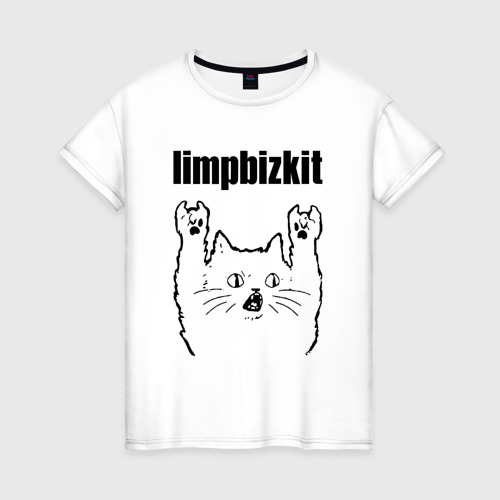 Женская футболка из хлопка с принтом Limp Bizkit - rock cat, вид спереди №1