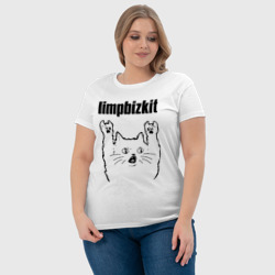 Футболка с принтом Limp Bizkit - rock cat для женщины, вид на модели спереди №4. Цвет основы: белый