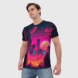 Мужская футболка 3D Мегаполис на закате: нейросеть - фото 2