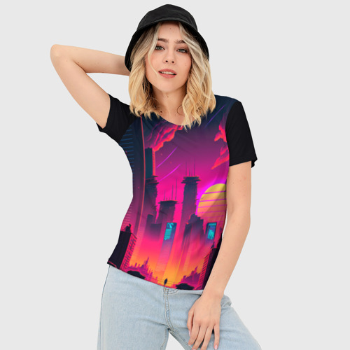 Женская футболка 3D Slim Мегаполис на закате: нейросеть, цвет 3D печать - фото 3