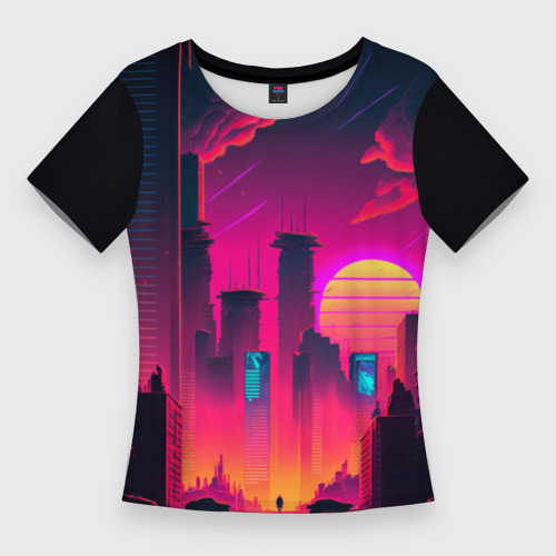 Женская футболка 3D Slim Мегаполис на закате: нейросеть, цвет 3D печать