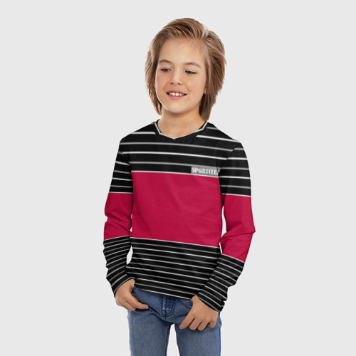 Детский лонгслив 3D с принтом Красно-черный полосатый узор с лейблом Спортклуб, фото на моделе #1