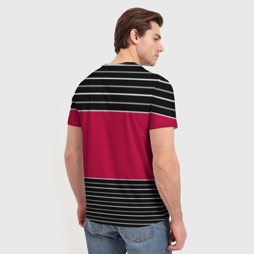 Мужская футболка 3D с принтом Красно-черный полосатый узор с лейблом Спортклуб, вид сзади #2
