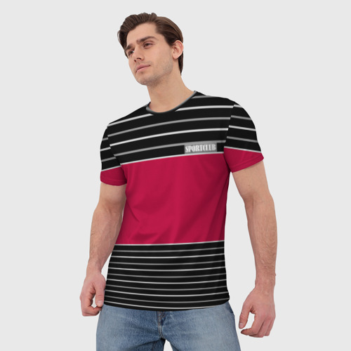 Мужская футболка 3D с принтом Красно-черный полосатый узор с лейблом Спортклуб, фото на моделе #1
